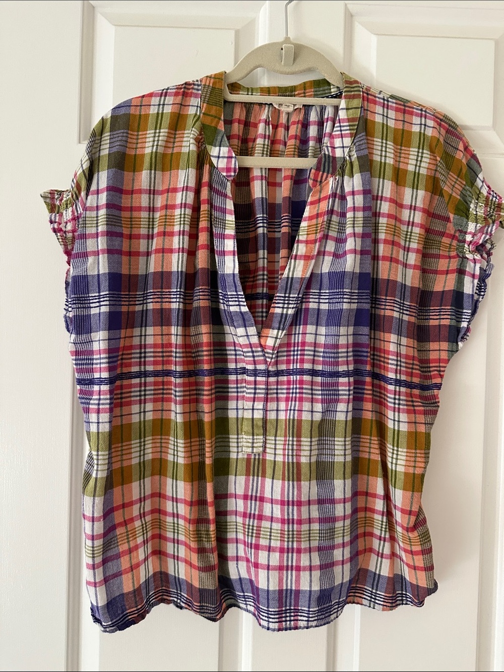 Pilcro Multicolor Plaid Split V-Neck Blouse